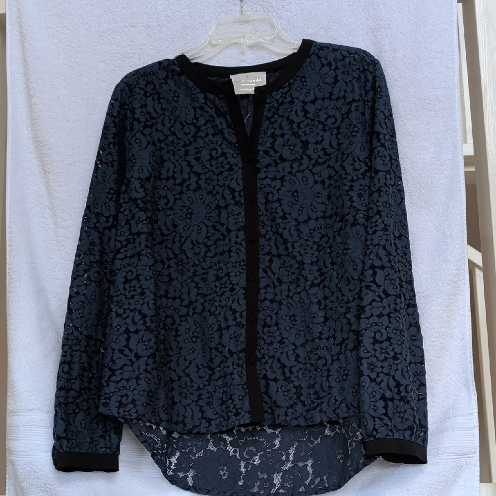 Rosemunde navy lace blouse with black trim (NWOT) EU42 = US10